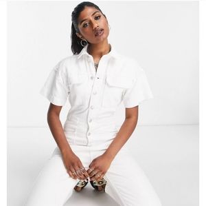 Free People White Maci Button Down Denim Jumpsuit Overalls   Size: M